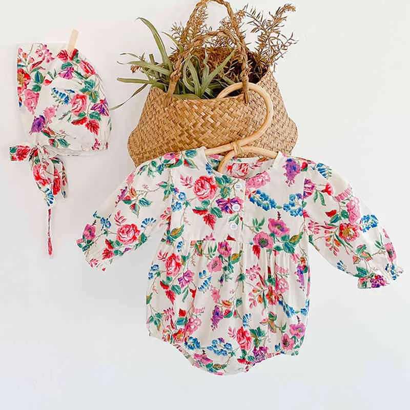Säugling Baby Mädchen Strampler Kleidung Body Rundhals Langarm Blumen und Hutband 210429