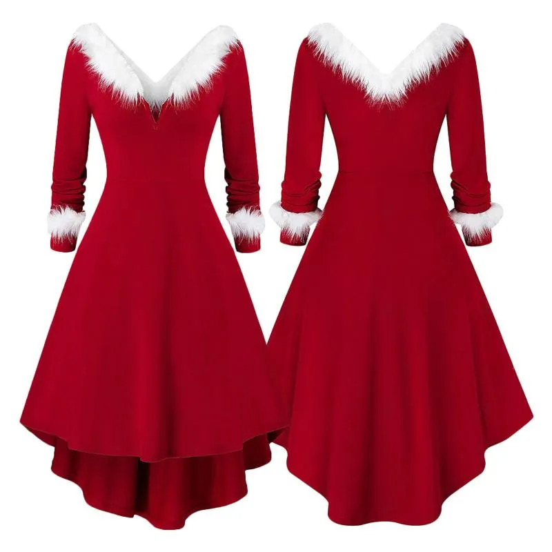 Robes Décontractées Femmes De Noël À Manches Longues Sexy Col En V Rouge Midi Swing Dress Blanc En Peluche Garniture Plissée Asymétrique Fête Santa Costume