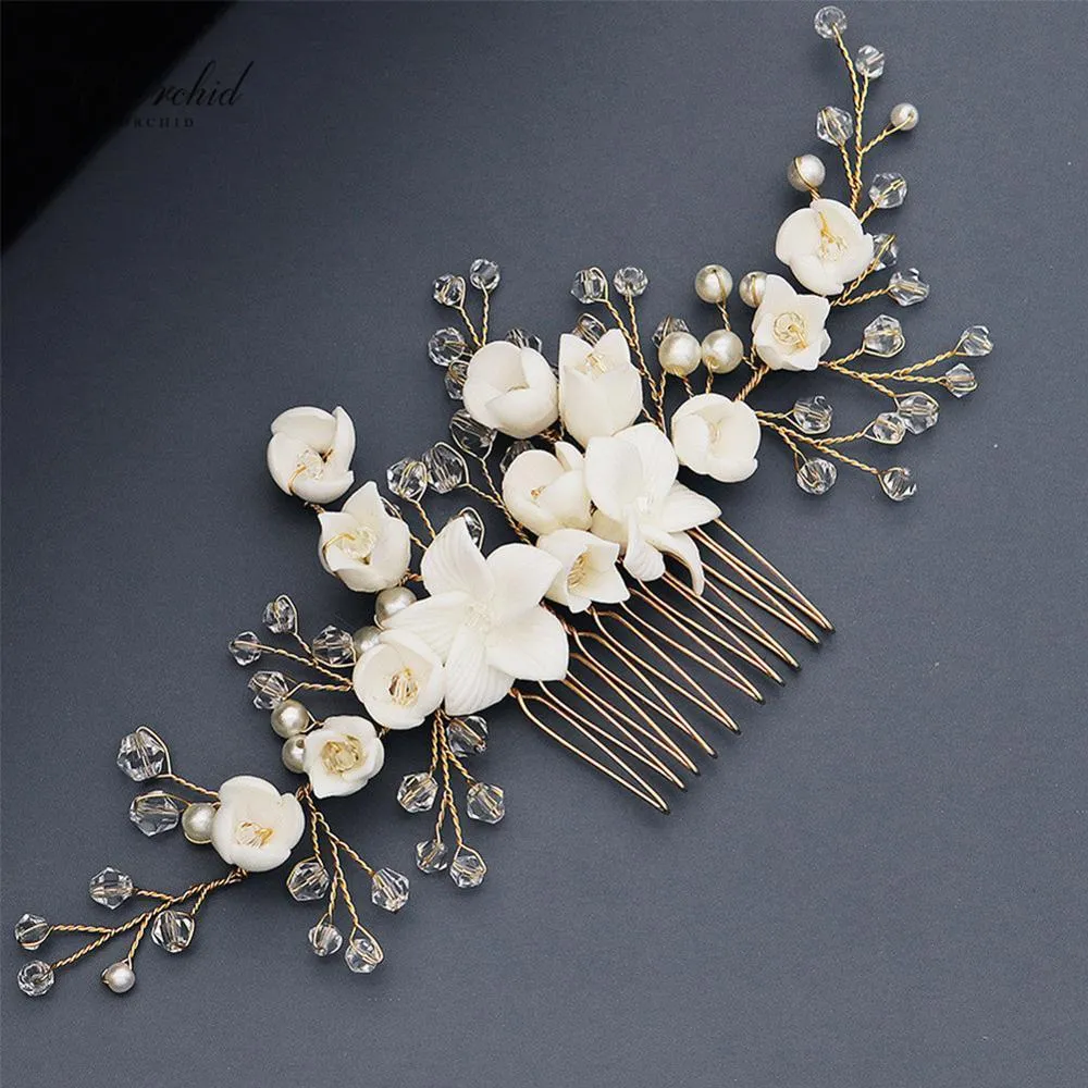 Peorchid 2020 Korea Bridal Comb Bizuteria Slubna Handgjorda Piece För Bröllop Smycken Brud Blomma Hår Vin