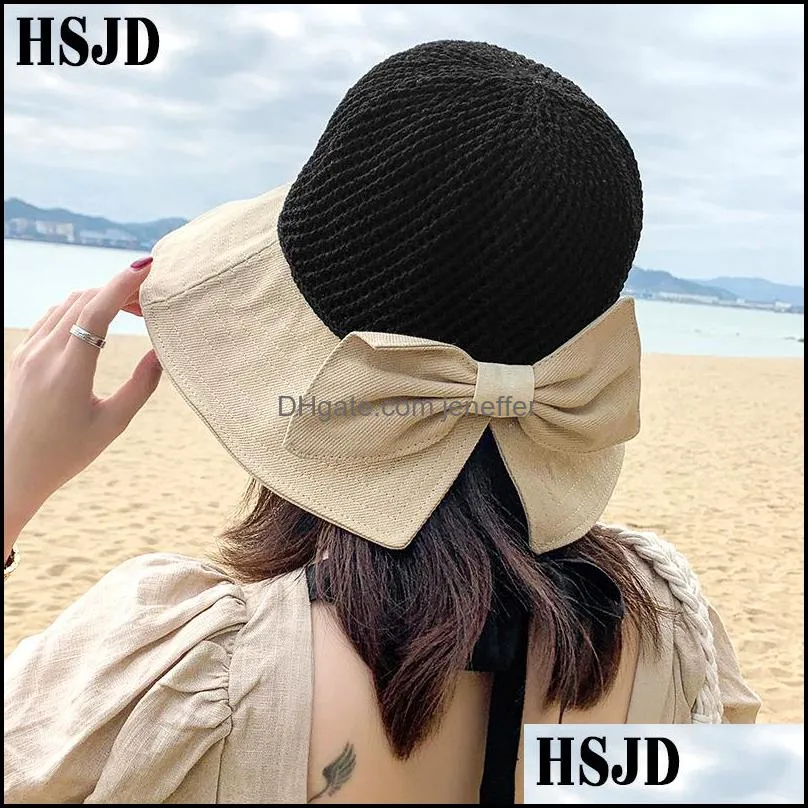 2020 New Bow Sun Hat Cap Wide Brim Floppy Top Summer Hats For Women Beach Panama Straw Dome Bucket Hat Hollow Out Visor Bonnet C0305