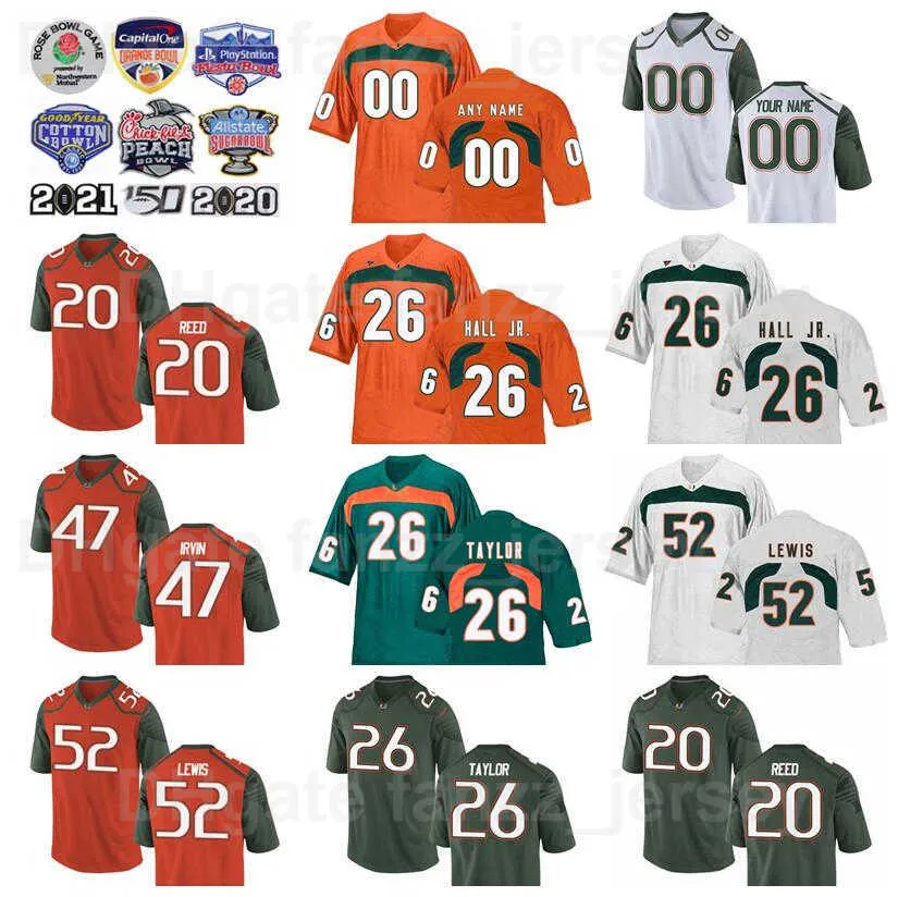 NCAA Miami Hurricanes College 20 Ed Reed Jersey Piłka nożna 52 Ray Lewis 26 Sean Taylor 47 Michael Irvin 76 Warren Sapp 87 Reggie Wayne University Pomarańczowy Zielony Biały Czerwony