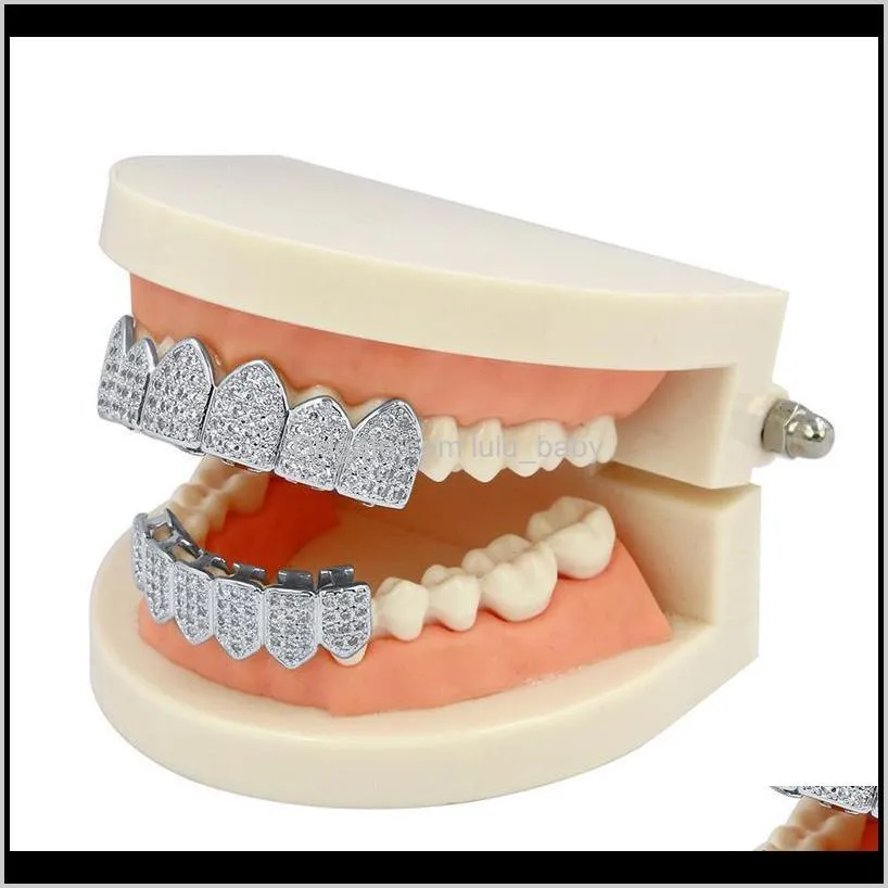 luxury bling zircon teeth braces street fashion rappers men women 18k gold rhodiium plated copper hip hop grillz 2-piece set vampire