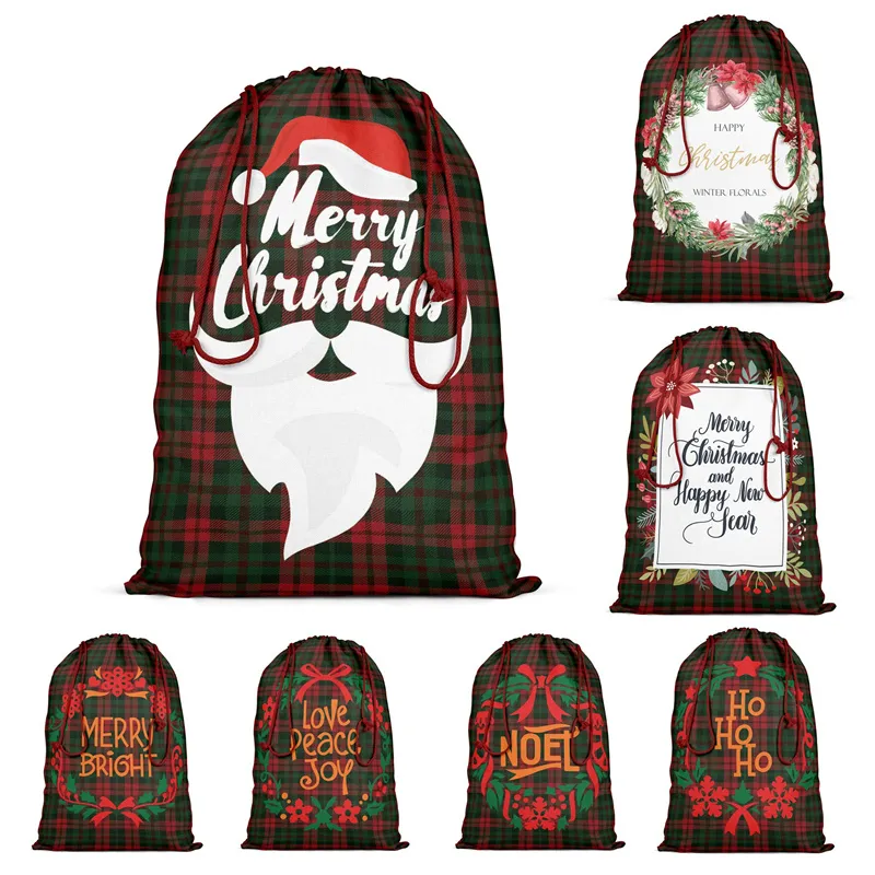 Christmas Gift Bags Santa Claus Reindeers Plaid Printed Kids Candy Bag Xmas Drawstring Sack Christmas-Decoration Sea sending T9I001414