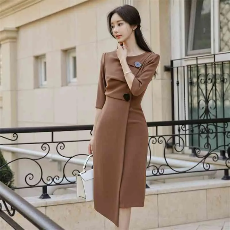 Höst Elegant Korea Klänning Kvinnor Casual Chic Office Lady Runway Design Fashion ES 210520