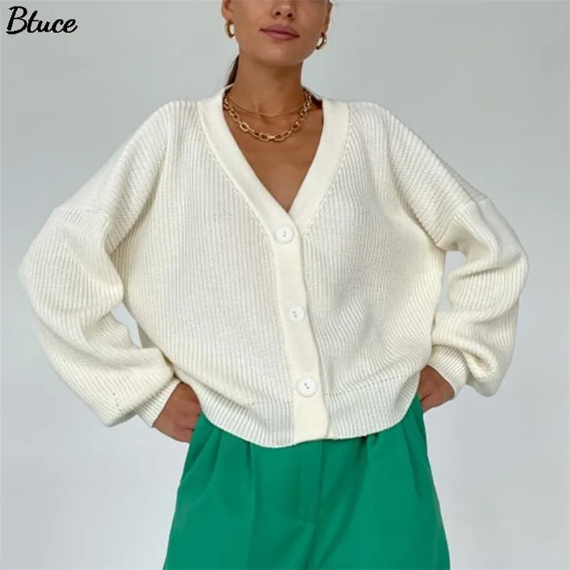 Lady Ocasional V-Pescoço Malha Solta Cardigan Mulheres Botões Lanterna Sleeve Suéteres Feminino Básico Branco Outono Outono Inverno Tops 210922