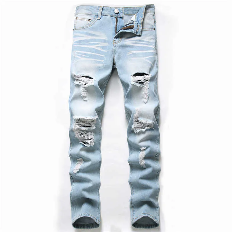 2021 Automne Nouvelle Mode Rétro Trou Jeans Hommes Pantalon Coton Denim Pantalon Mâle Plus Taille Haute Qualité Jeans Dropshipping X0621