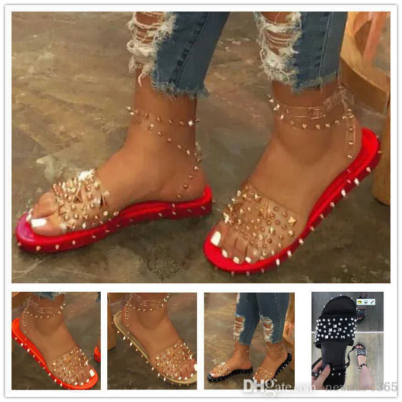 Designer Women Slippers 5 Colors Sandals Large Transparent Slides Ladies Rivet Flat Bottom Flip Flop