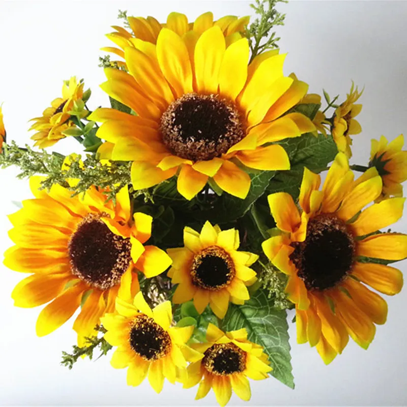 Bouquet de fleurs artificielles de tournesol en soie jaune, 13 têtes, 7 branches, pour maison, bureau, fête, jardin, hôtel, décoration de mariage