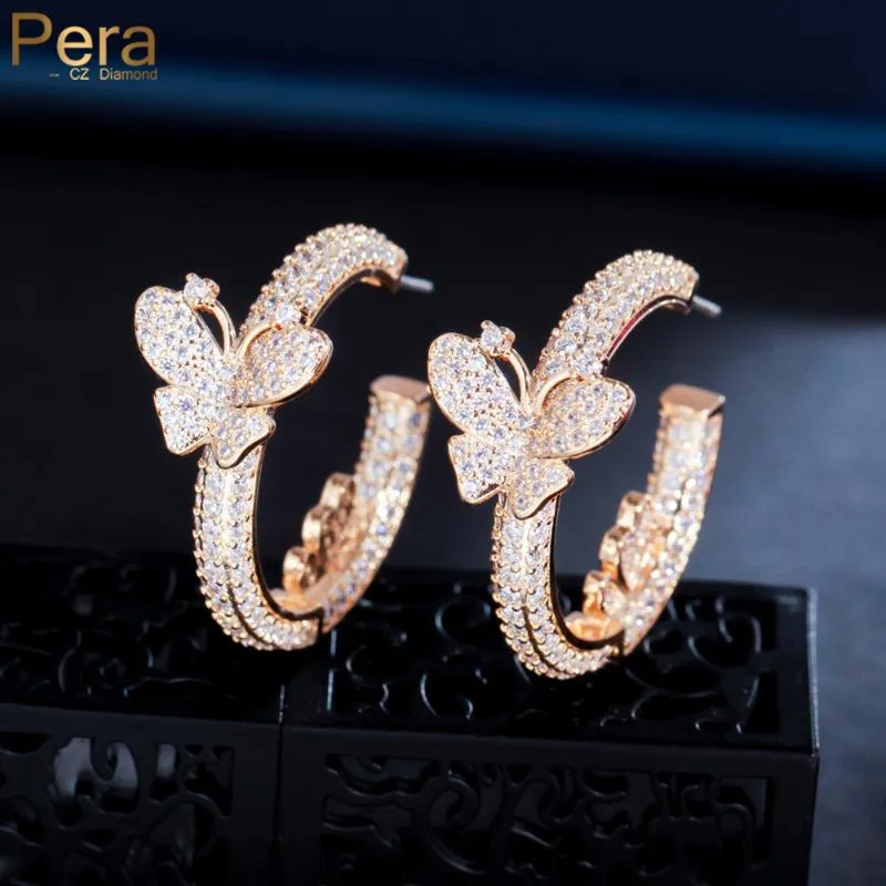 Hoop & Huggie Pera Creative Butterfly Design Light Gold Cubic Zirconia Evening Dinner Party Jewelry For Women Big Circle Earrings E868