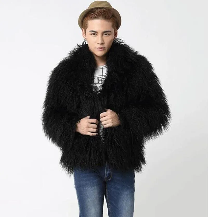2021 Winter Mens High End Leather Faux Fur Black Fluffy Coat