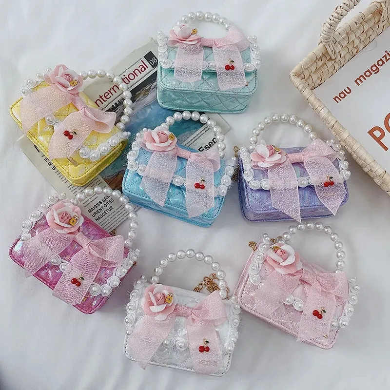 Mini borsette per bambini 2021 Cute Girls Princess Bow Crossbody Bag Kawaii Little Girl Party Pearl Hand Bags Tote Kid Wallet