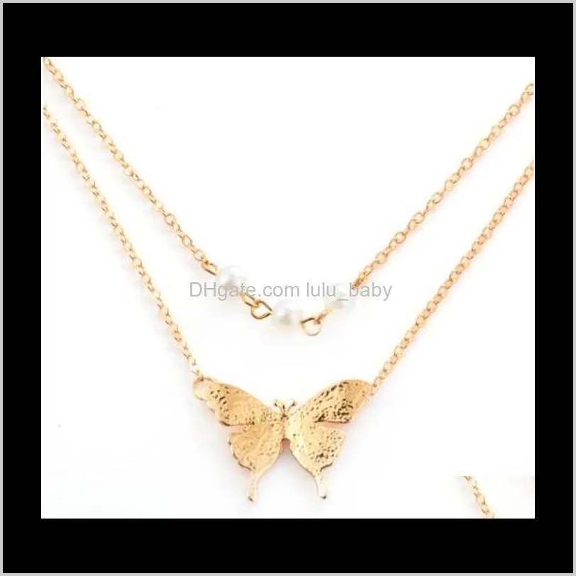 Crafted Butterfly Pearl Pendant Necklaces Multi-Layered Gold Tone Chokers Necklaces Great Gift Idea Womens Chokers Necklaces