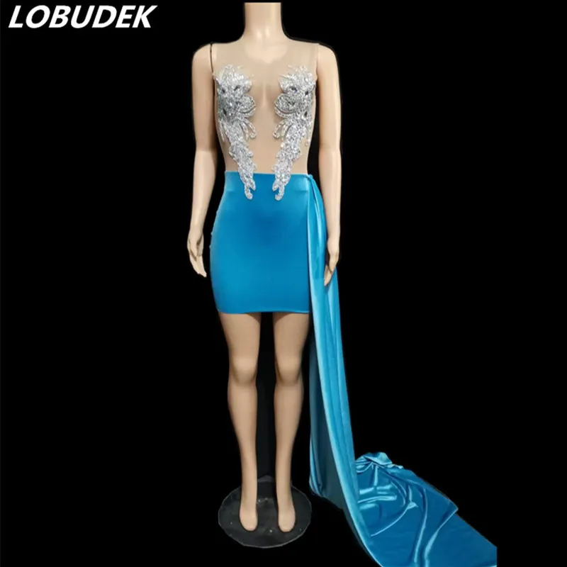 Été femmes maille strass Transparent Mini robe bleu velours formation Wrap hanches Bar soirée chanteur hôte scène Costume