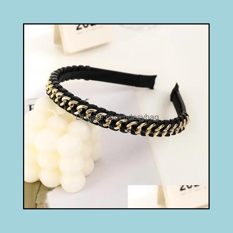 New Fashion Women`s Hairband Casual Handmade Leather Alloy Chain Cross Knot Headband Adult Hair Accessories Wholesale