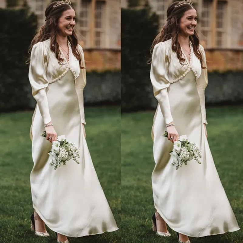 ビンテージVネックA線のウェディングドレスのための長いパフスリーブシルクサテンシンプルブライダルドレス床の長さの古典的な結婚式のガウン2022