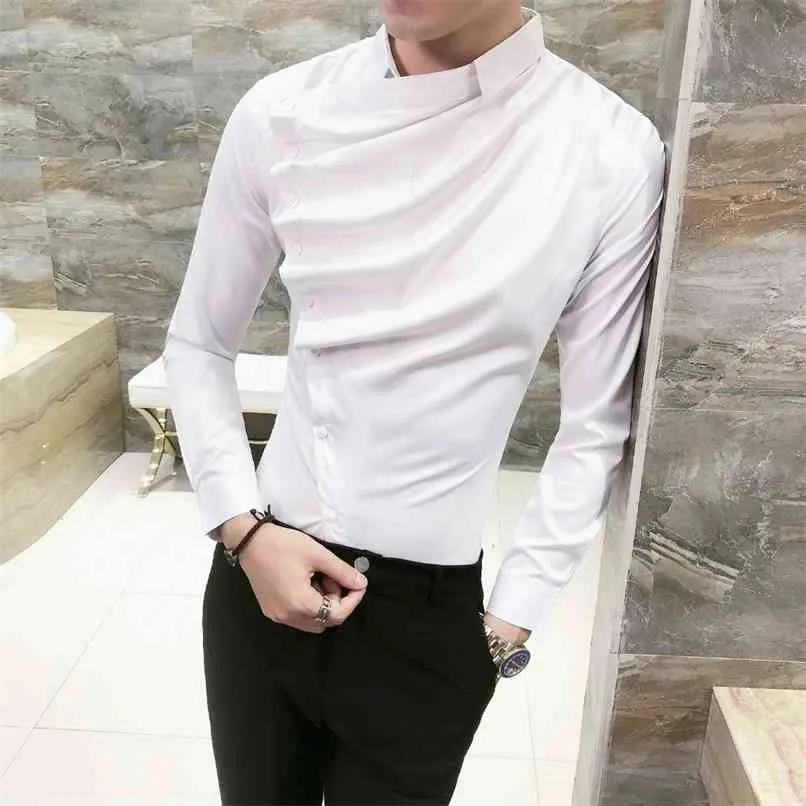 Autumn Men Shirt Fashion Korean Slim Fit Dress s s Long Sleeve Front Fold Design Night Club Tuxedo 3XL-M 210809