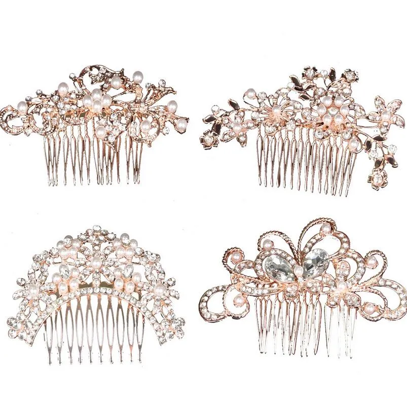 Akcesoria do włosów ślubnych Crystal Pearl Combs Rose Gold Wesele Klipy Biżuteria Handmade Kobiety Włosy Ozdoby Headpieces