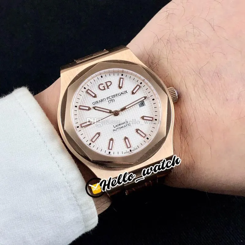 Limited 40mm GP Laureato Miyota Mens Automático Assista 81005-11-131-BB6A Textura branca Dial Rose Gold Case Cabeça de couro marrom relógios Olá_Watch 03b (4)