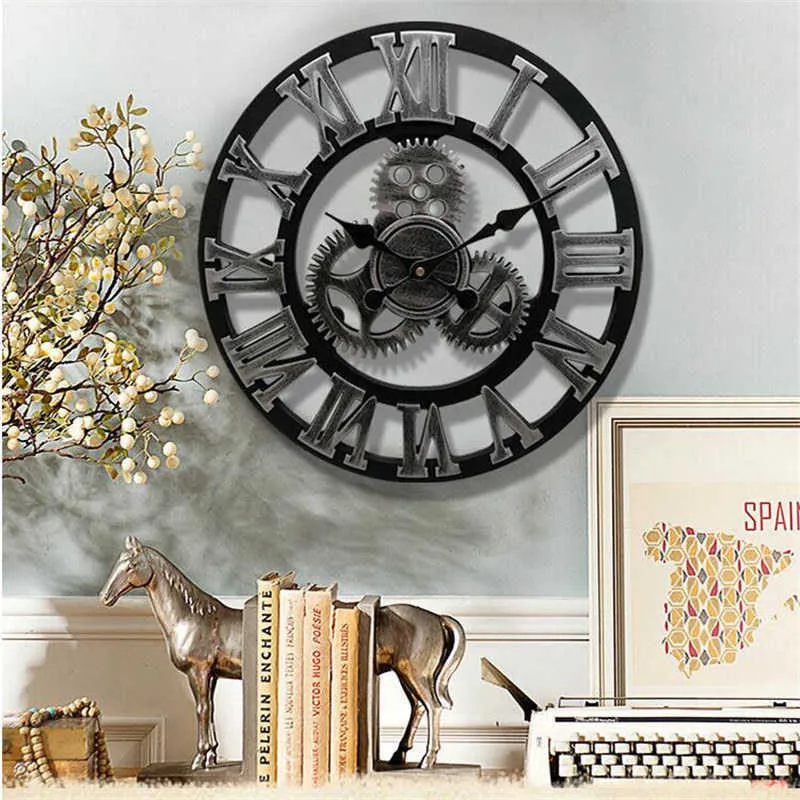 Handmade 3D large vintage quartz wall clock watch decor for living room silent watch wall clock big gear wooden wanduhr klok (1)