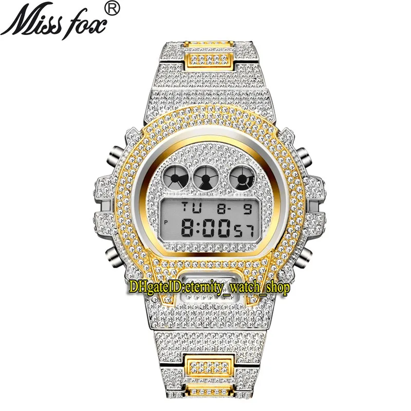 MISSFOX eternity V304 Hip hop Mens Watches multi-function CZ Diamond inlay Digital Dial Electronic Movement Men Watch Iced Out Diamonds Alloy Case Gold Silver Strap