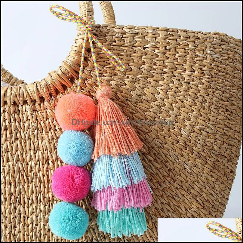 1 Pc Handmade Pom Pom Colorful 4 Layered Tassel Keychain Bag charms Gradient Colors Key Holder Boho Jewelry Gift for women