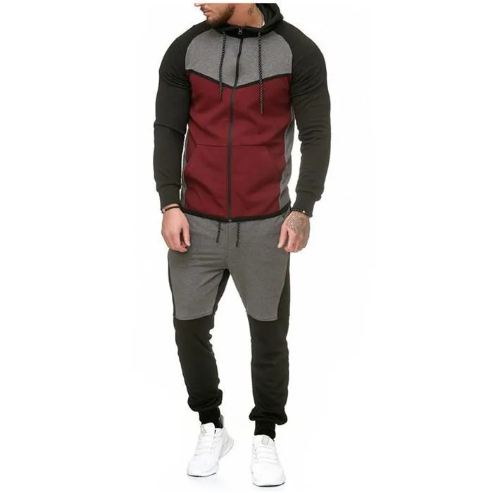 Mens Panelled Hoodies Tracksuit Hooded Zipper Long Sleeve Sweatshirt Loose Trousers Male Casual Sport Suit