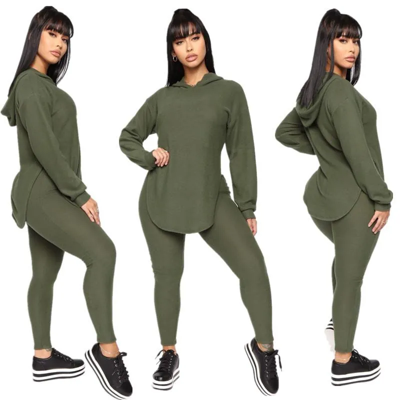 Women's Two Piece Pants Solid Set Tracksuit Women Hooded Hem Split Top And Leisure Suits Loose Casual Jogger Female Outfit Chandal Mujer