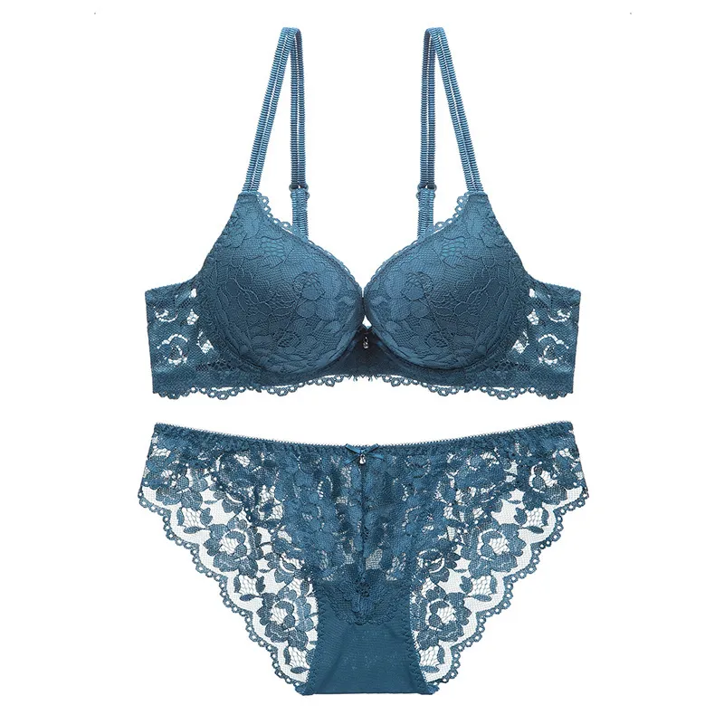 New fashion Blue push up bra set deep v brassiere thick lingerie set lace  sexy women underwear set cotton comfortable B C cup X0526