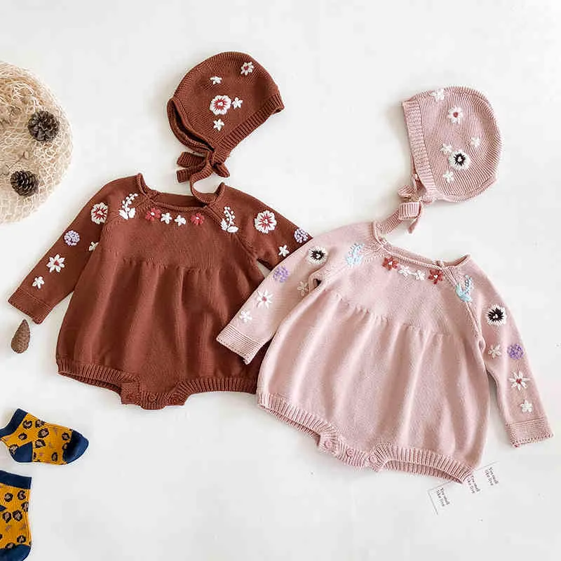 Born Boys Girls Embroider Jumpsuits Kleding Herfst Winter Baby Rompertjes Gebreide Lange Mouw Kinderen 210429