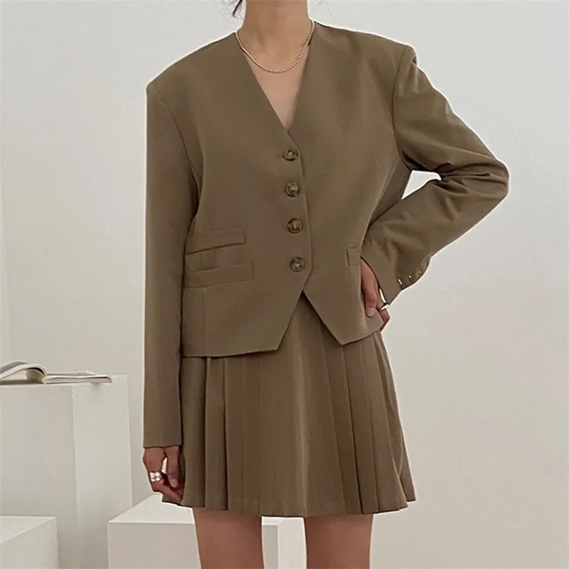 Automne coréen 2 pièces ensemble femmes jupe et haut simple boutonnage décontracté blazer veste manteau + mini plissé deux tenues 210514