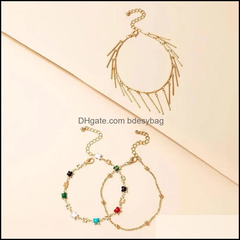 Colorful Star Dripping Oil Gold Anklets for Women Charms Alloy Metal Tassel Foot Chain Bohemian Jewelry 3pcs/sets