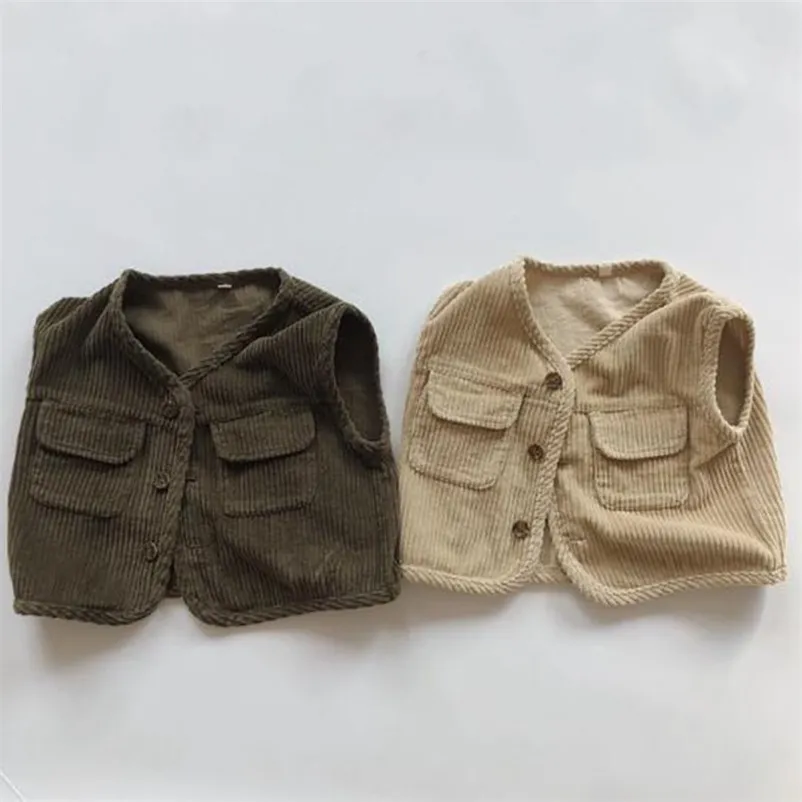 1-6Yrs Autumn Baby Boys Girls Vest Corduroy Cardigan Coat Children Clothing Boy Girl Waistcoat Kids 210521