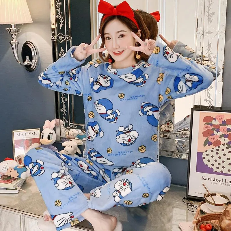 Mulheres duas peças calças de inverno flanela sleepwear set coral lã pijama mulheres espessamento desenhos animados senhoras casa serviço de serviço mais veludo