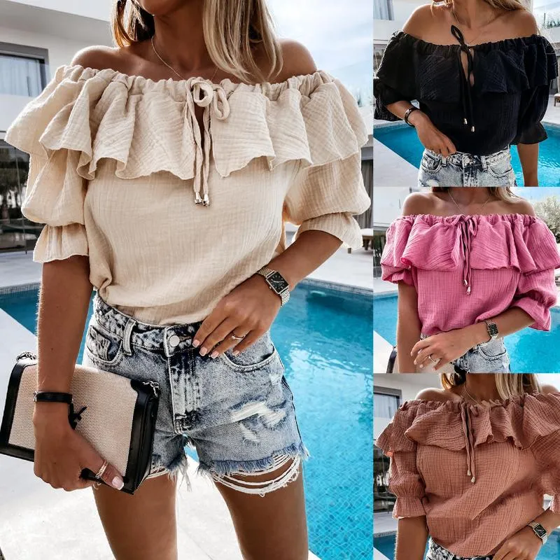Dames Blouses Shirts Zomer 2021 Vrouwen Sexy Slash Neck Lace-Up Solid Blouse Dames Mode Ruches Korte Mouw T Tops Tees Streetwear