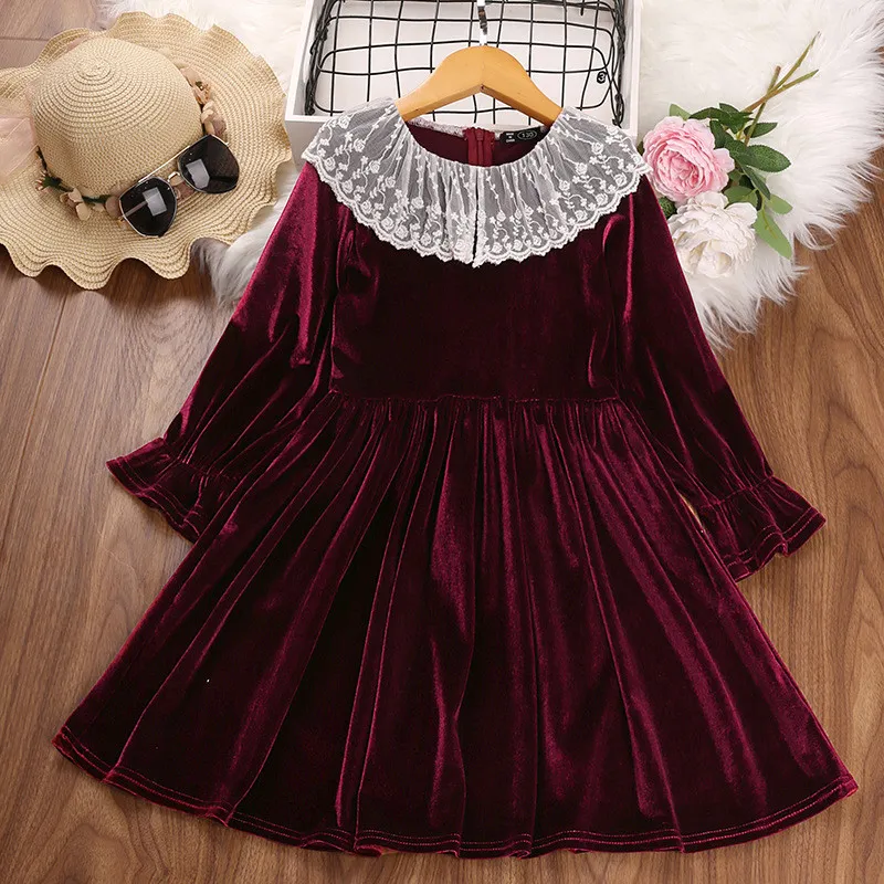 2022 Meninas da Primavera Meninas Princesa Veludo Manga Longa Vestido de Laço Vinho Sólido Girl Vestido Kids Party Frocks