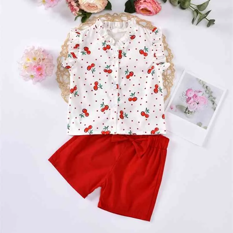 Traje de verano Ropa para niños Conjunto de niña Patrón de frutas Top + Pantalones cortos 2 unids Ropa para niños Traje de niñas para 210528