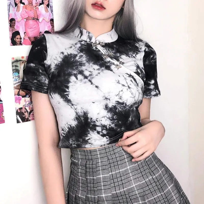 Camiseta feminina estilo chinês tie dye print colheita topo sexy manga curta vintage gótico ctop t camisa streetwear harajuku