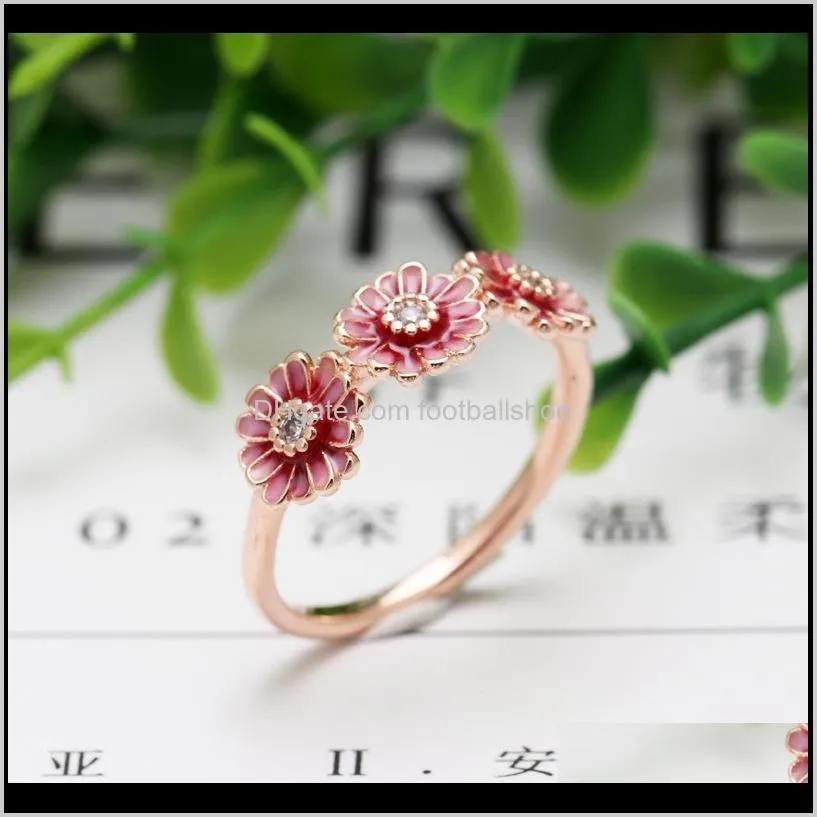 Original 925 Sterling Silver Rose Pink Daisy Flower Trio Ring For Women Resizable Wedding Engagement Pan Rings Drop Cluster