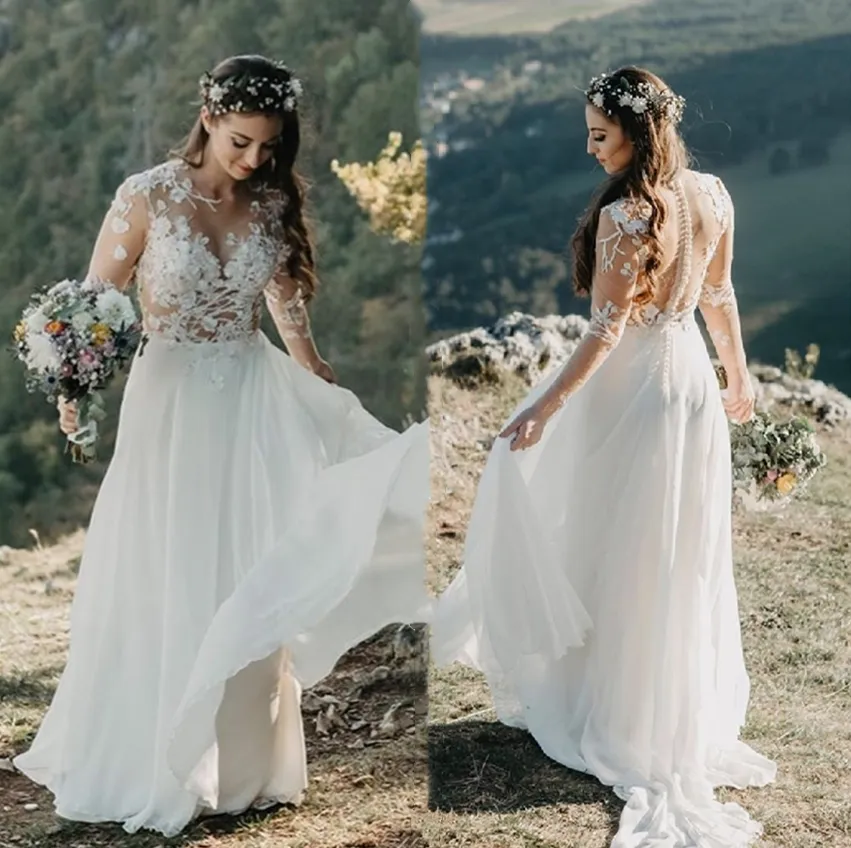 Sexy Bohemian Chiffon Wedding Dresses A-Line For Women Appliques Lace Boho Long Sleeve Beach Bridal Gowns Brilliant Simple Bride Dress