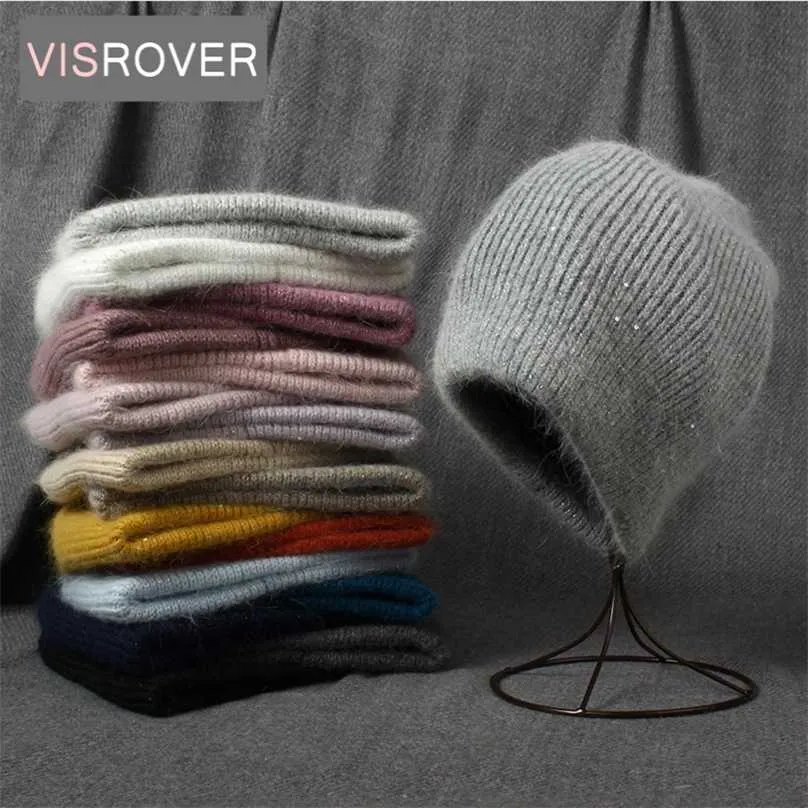 Visrover Tavşan Kaşmir Unisex Kadın Kış Şapka Lurexsequin Sonbahar Beanies Ile Sıcak Kürk Skullies 211119