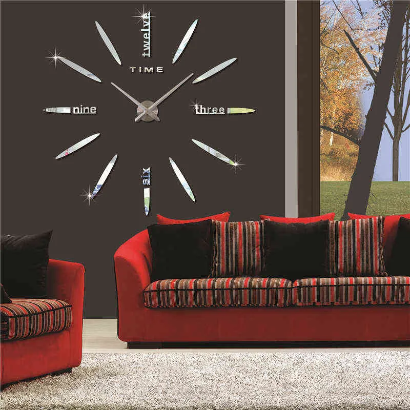 2021Nieuwe Grote Wall Clock Quartz 3D DIY Big Horloge Decoratieve Keuken Klokken Acryl Spiegel Sticker Oversize Wandklokken Home Lett H1230
