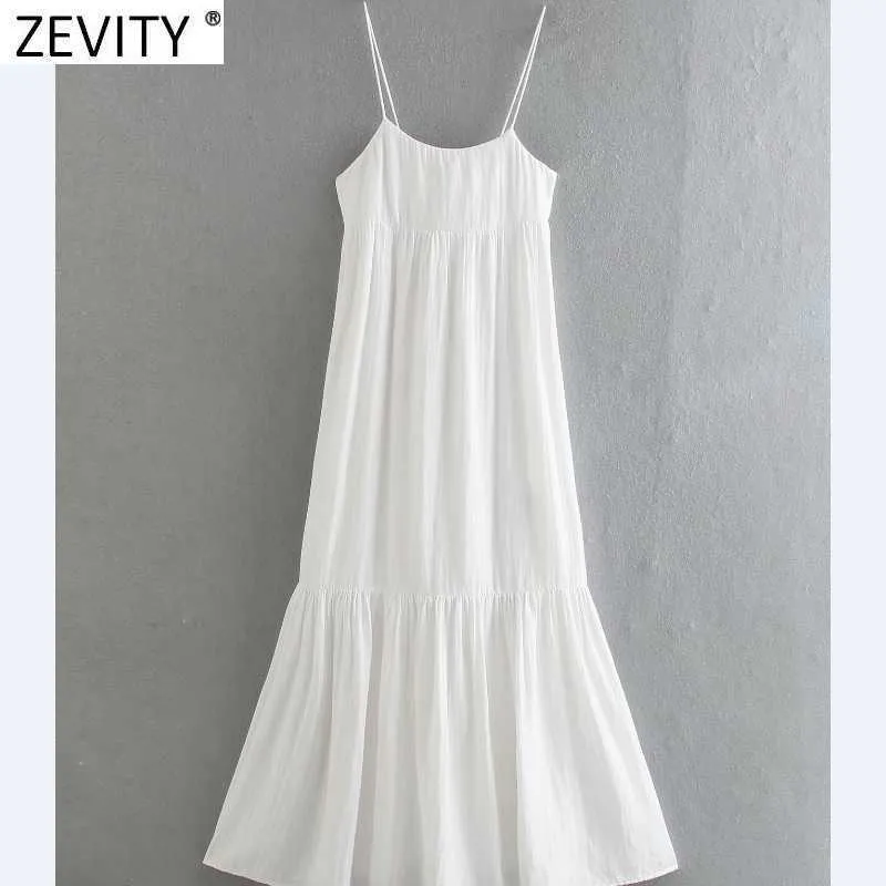 ZEVITY Kadınlar Geri Yay Tied Patchwork Beyaz Sling Midi Elbise Kadın Spagetti Kayışı Vestido Chic Rahat Yaz Elbiseler DS8304 210603
