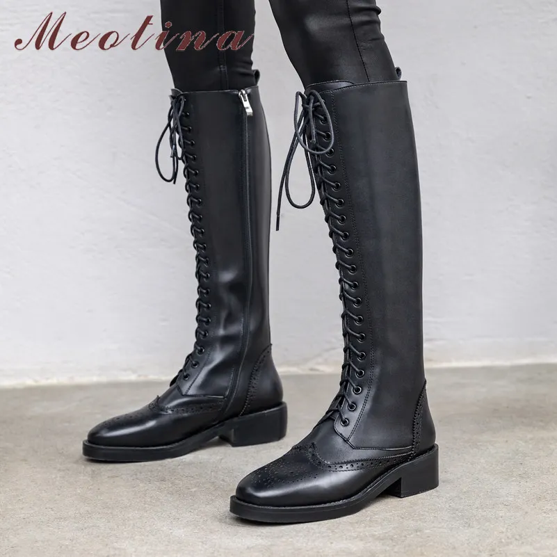 Autumn Knee High Boots Women Natural Genuine Leather Block Heel Long Zip Round Toe Brogue Shoes Lady Winter 34-39 210517