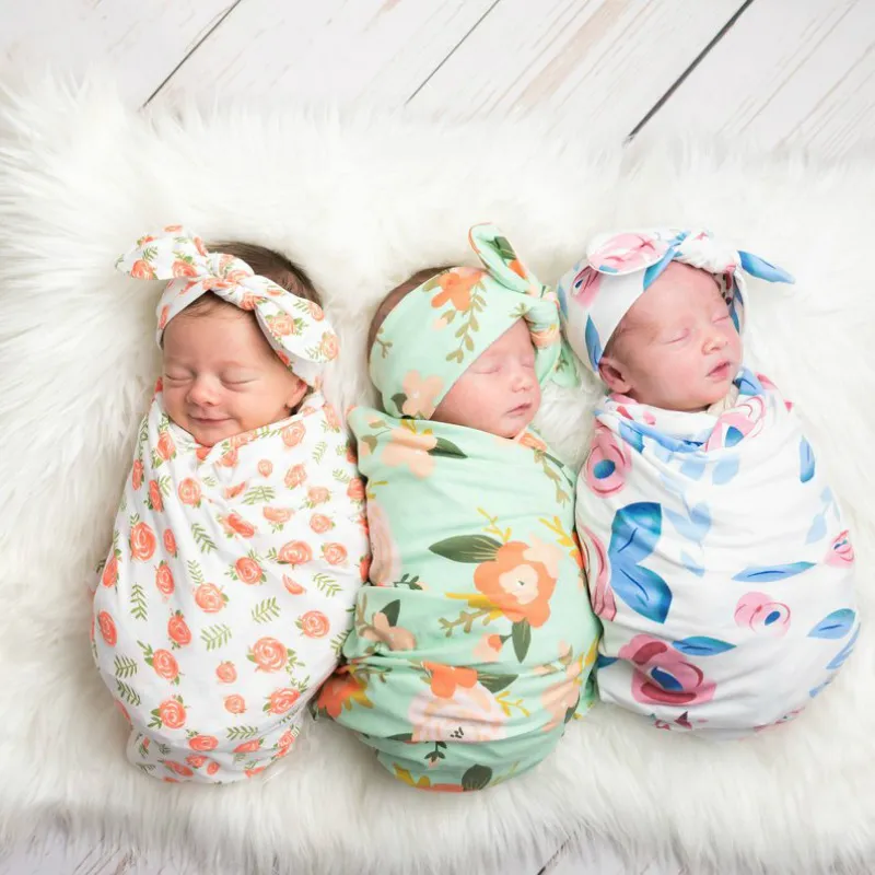 Ins Wraps Couvertures Enfants Mousseline Swaddles Nursery Literie Nouveau-Né Imprimé Floral Swaddle + Lapin Bandeau Deux Pièces Ensembles 200 B3