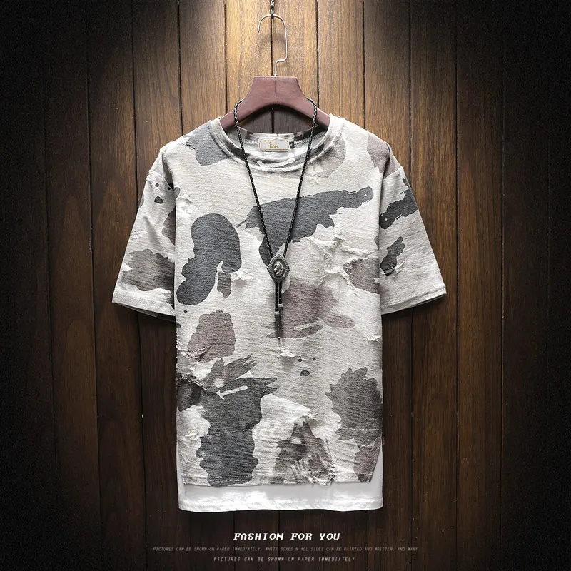 Mens Summer Printed Ripped Gym Shirts Men With Camouflage