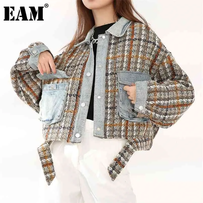 [EAM] Tweed Denim Plaid Krótki Cotton-Wyściełany Płaszcz Z Długim Rękawem Loose Fit Women Parkas Moda Jesień Zima 1Z82205 210819