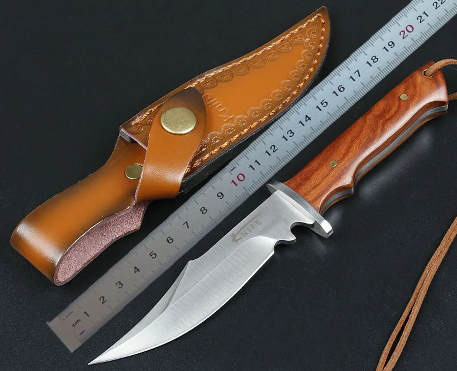 1Pcs High Quality Survival Straight Knife 440C Satin Drop Bowie Blade Full Tang Hardwood Handle Outdoor Fixed Blade Hunting Knives With Leather Sheath