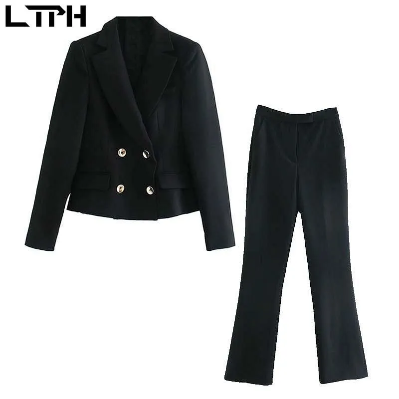 Negócio Casual Vintage Duplo Breasted Breasted Black Blazer Casaco Alto Cintura Horn Pant Ternos 2 Piece Set Mulheres Outono 210427