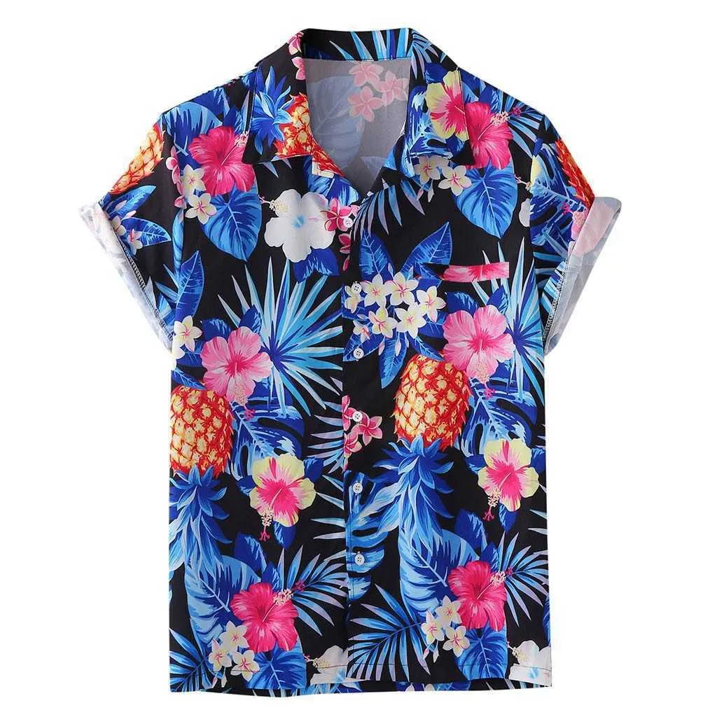 Hawaii Gömlek Erkek Ananas Bitki Baskılı Göğüs Cep Gevşek Işık Rahat Kısa Kollu Plaj Gömlek 210527