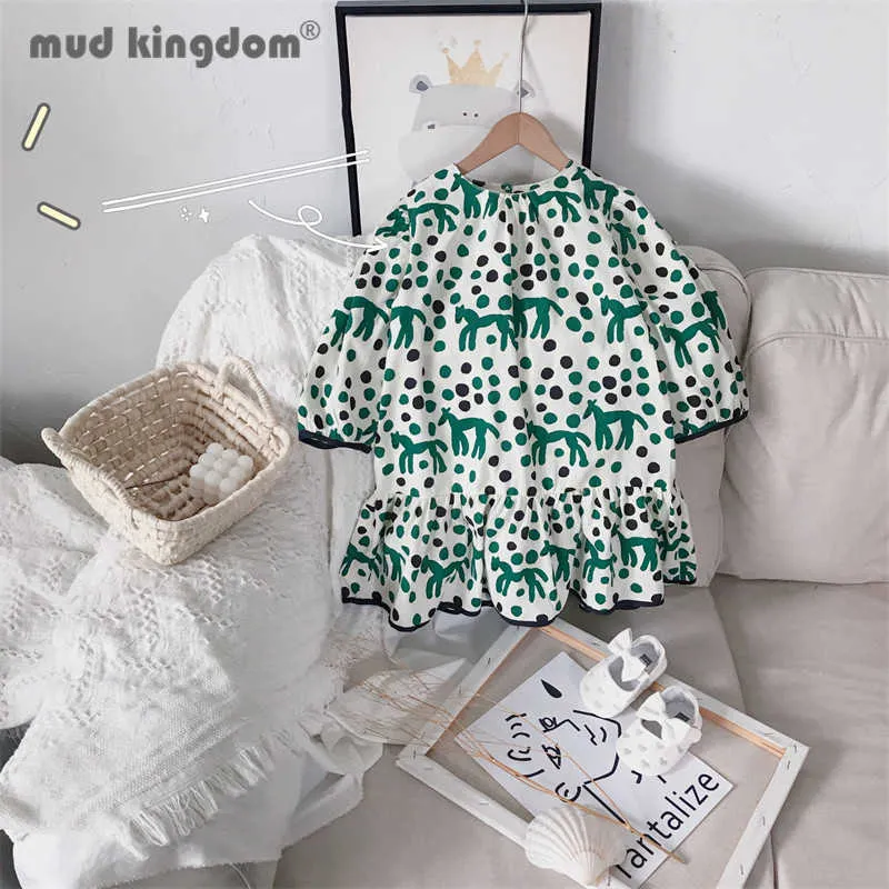Mudkingdom Girls Dot Dress Print Crew Neck Loose Ruffle Puff Sleeve Spring Autumn Dresses for Toddler Long Sleeve Kids Clothes Q0716